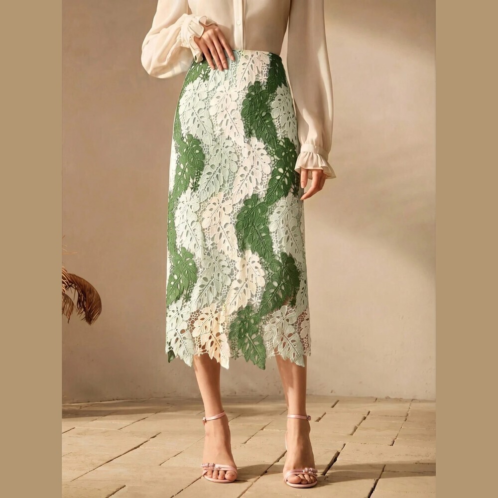 Green & White Lace Midi Skirt - Picture 3 of 7